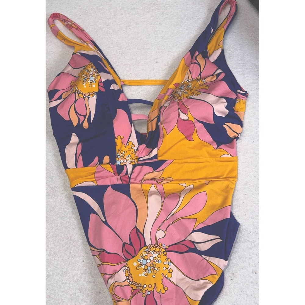 Trina‎ Turk One Piece Swimsuit Floral Plunge Strappy Back Women's Size 10